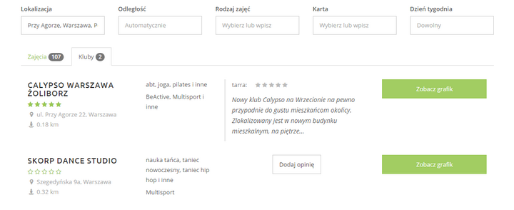 Zakładka klubu sportowego na FitPlanner.pl